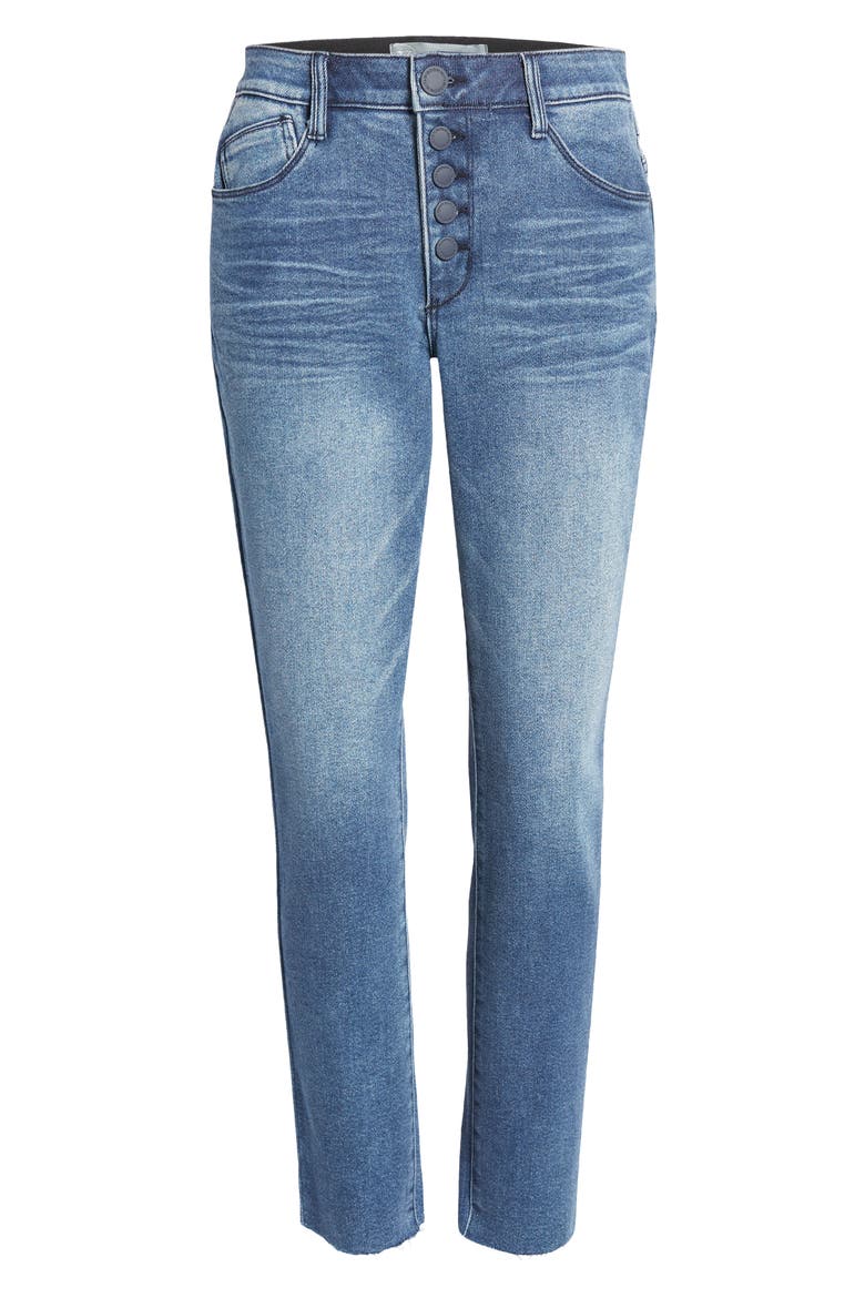Ab-Solution Exposed Button Raw Hem Slim Jeans (Nordstrom Exclusive), Alternate, color, BLUE