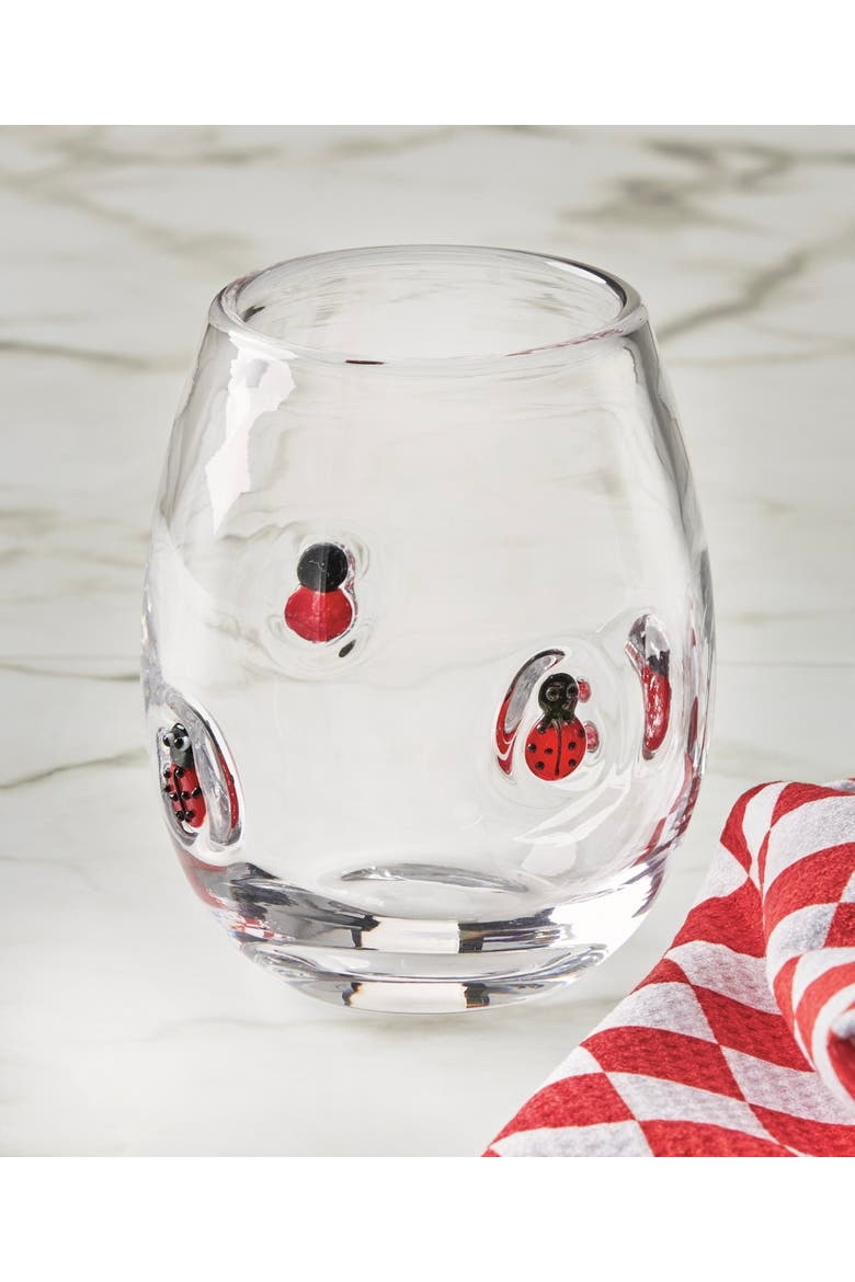 Ladybug Stemless Wine Glass 16 oz Red Multi Glass 3.5x3.5x4.5 in, Alternate, color, Red