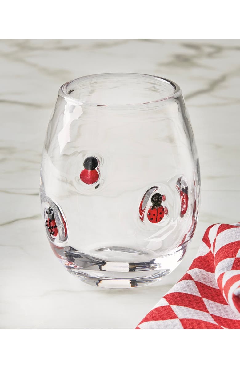 tag Ladybug Stemless Wine Glass 16 oz Red Multi Glass 3.5x3.5x4.5 in, Alternate, color, Red