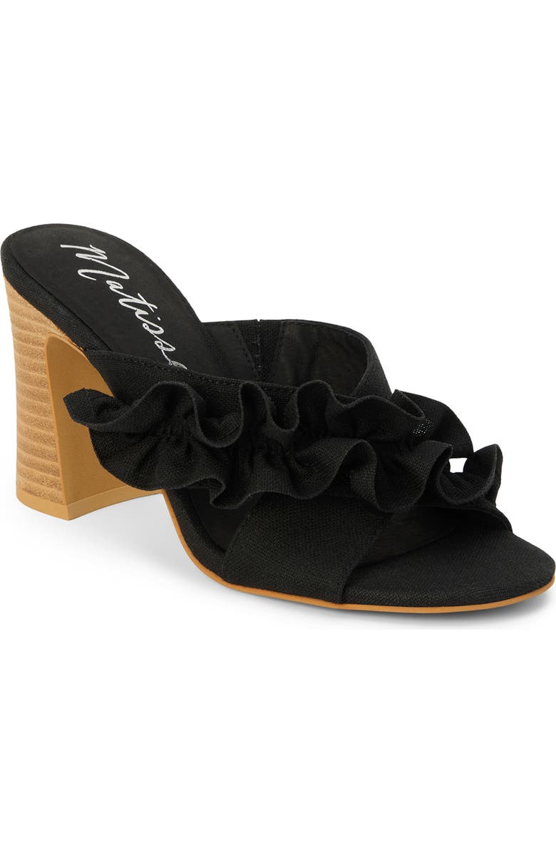 Matisse Ruffle Strap Block Heel Mule Sandal, Main, color, Black