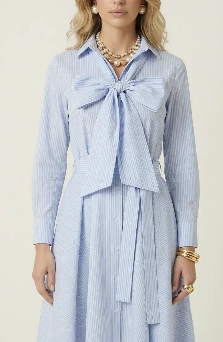 Modenaire Striped Tie Neck Bow Waist Belt Shirt Dress, Alternate, color, Light Blue / White Stripes