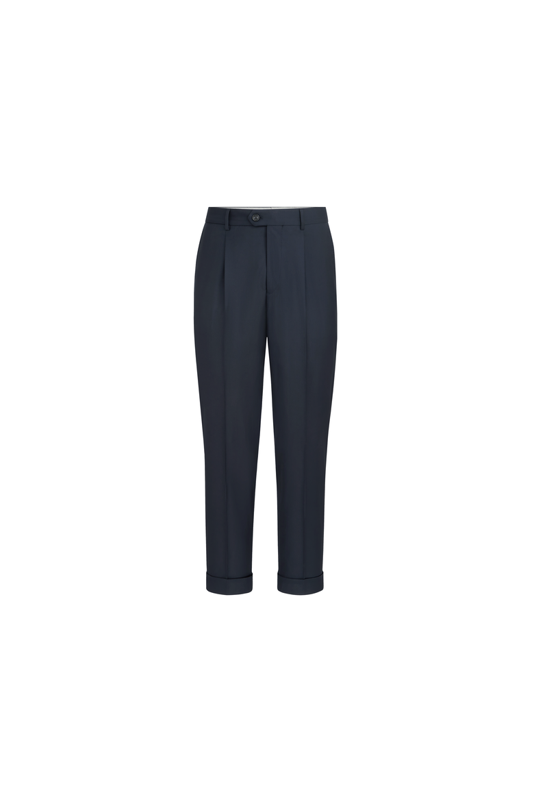 Super 150s virgin wool four season batavia trousers with pleat, Alternate, color, Navy Blue