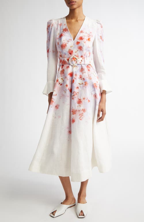 Shop Zimmermann Floral Belted Linen Midi Dress In Scarlet Floral