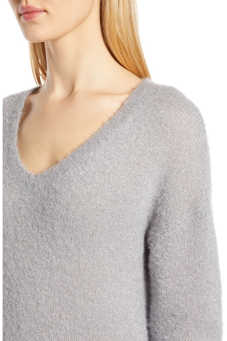 Fuzzy V-Neck Sweater, Alternate, color, GREY SCONCE