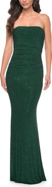 La Femme Rhinestone Embellished Strapless Ruched Prom Dress