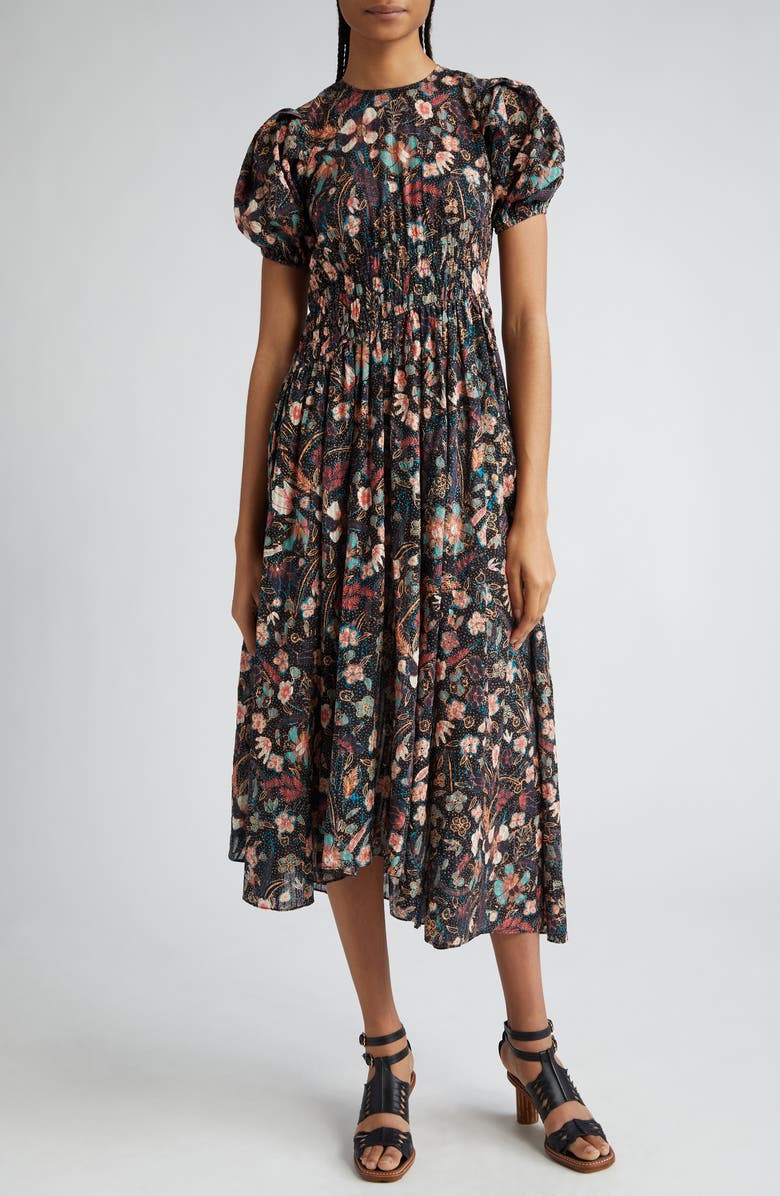 Ulla Johnson Eden Floral Puff Sleeve Cotton Blend Midi Dress, Main, color, 