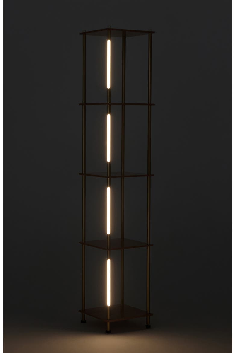 Aria 63" Touch LED Wood Shelf Floor Lamp with Wireless Charging Pad, Alternate, color, Antique Brass