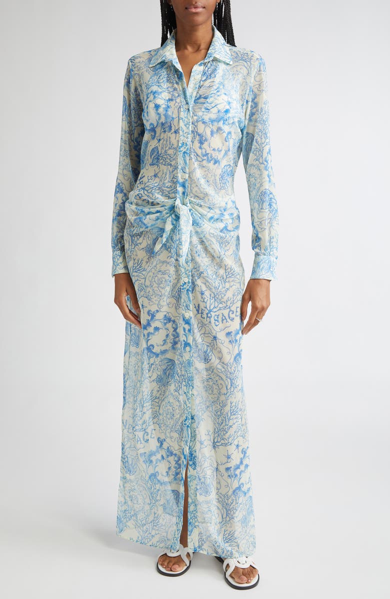 Versace Underwater Barocco Long Sleeve Cover-Up Shirtdress, Main, color, 