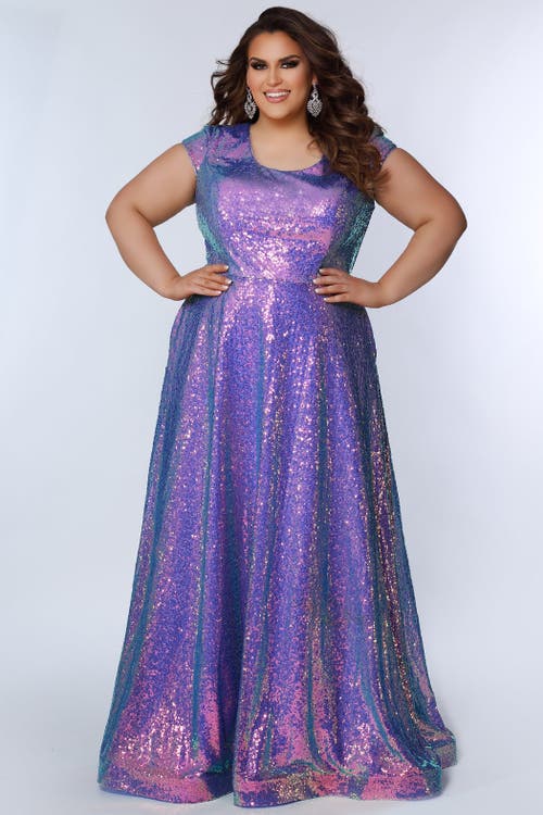 Sydney's Closet Sequin A-line Scoop Neck Cap Sleeve Plus Size Gown In Polar Purple