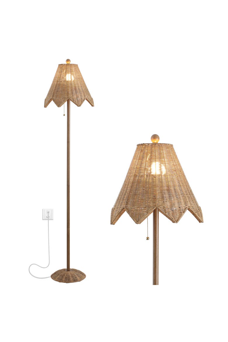 Tybee 60.5" Traditional Coastal Rattan Scalloped LED Floor Lamp, Main, color, Brown