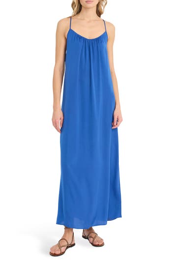 The Good Journey Textured Satin Maxi Dress In Blue