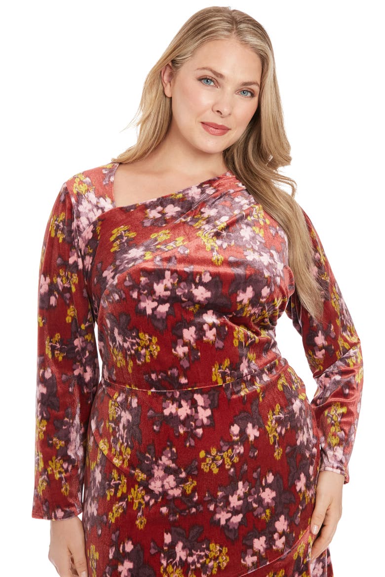 Floral Asymmetric Long Sleeve Velour Midi Dress, Alternate, color, RED MULTI