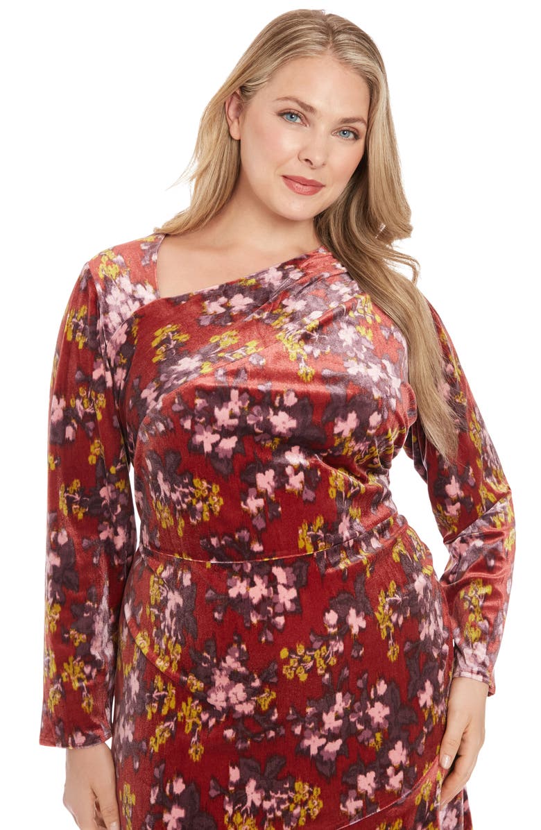 London Times Floral Asymmetric Long Sleeve Velour Midi Dress, Alternate, color, Red Multi