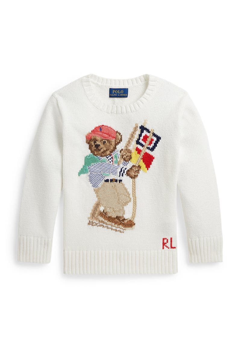 Kids' Polo Bear Cotton Crewneck Sweater, Main, color, DECK WASH WHITE