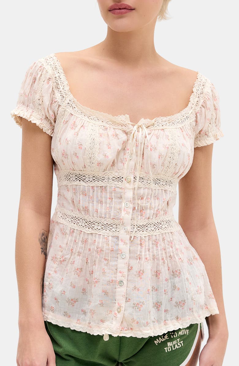 BDG Urban Outfitters Faye Ditsy Floral Lace Trim Peplum Top, Main, color, Pink Floral