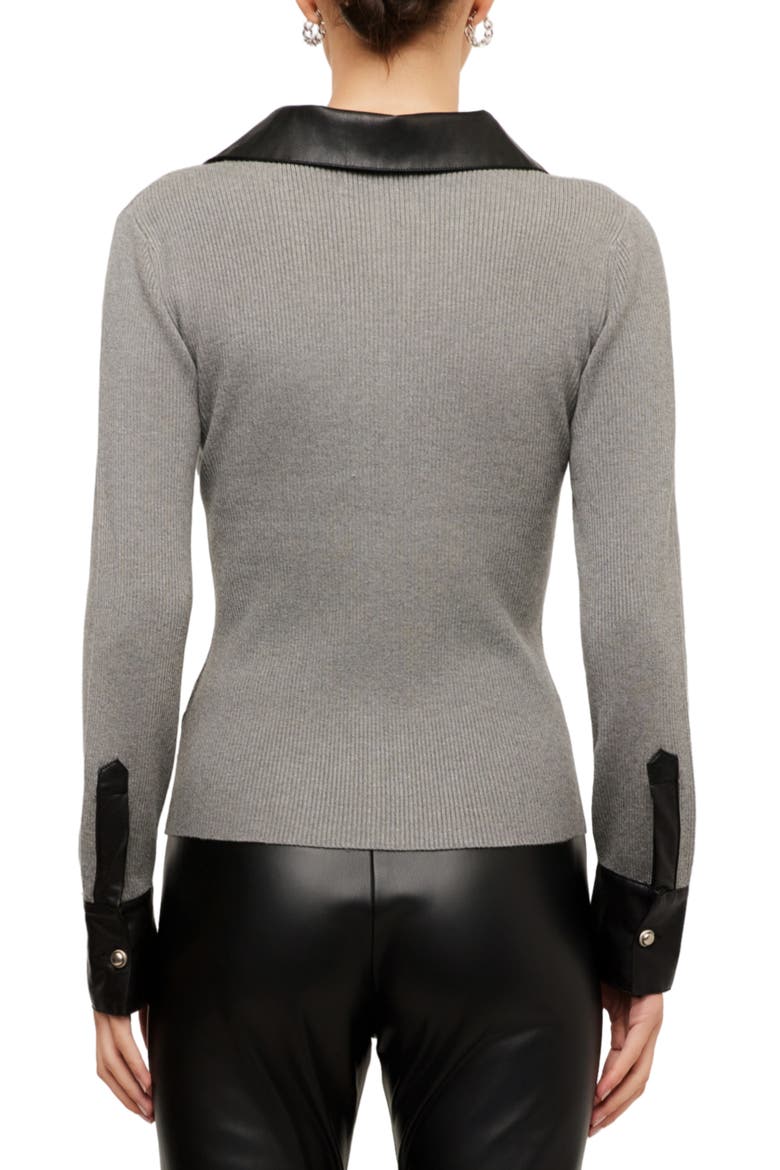 Isabella Faux Leather Trim Ribbed Top, Alternate, color, GRAY