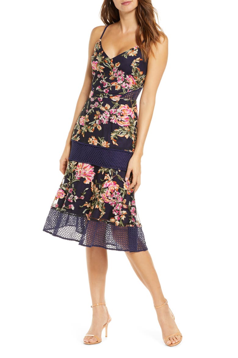 Kaylea Sleeveless Embroidered Lace Trim Dress, Main, color, NAVY MULTI