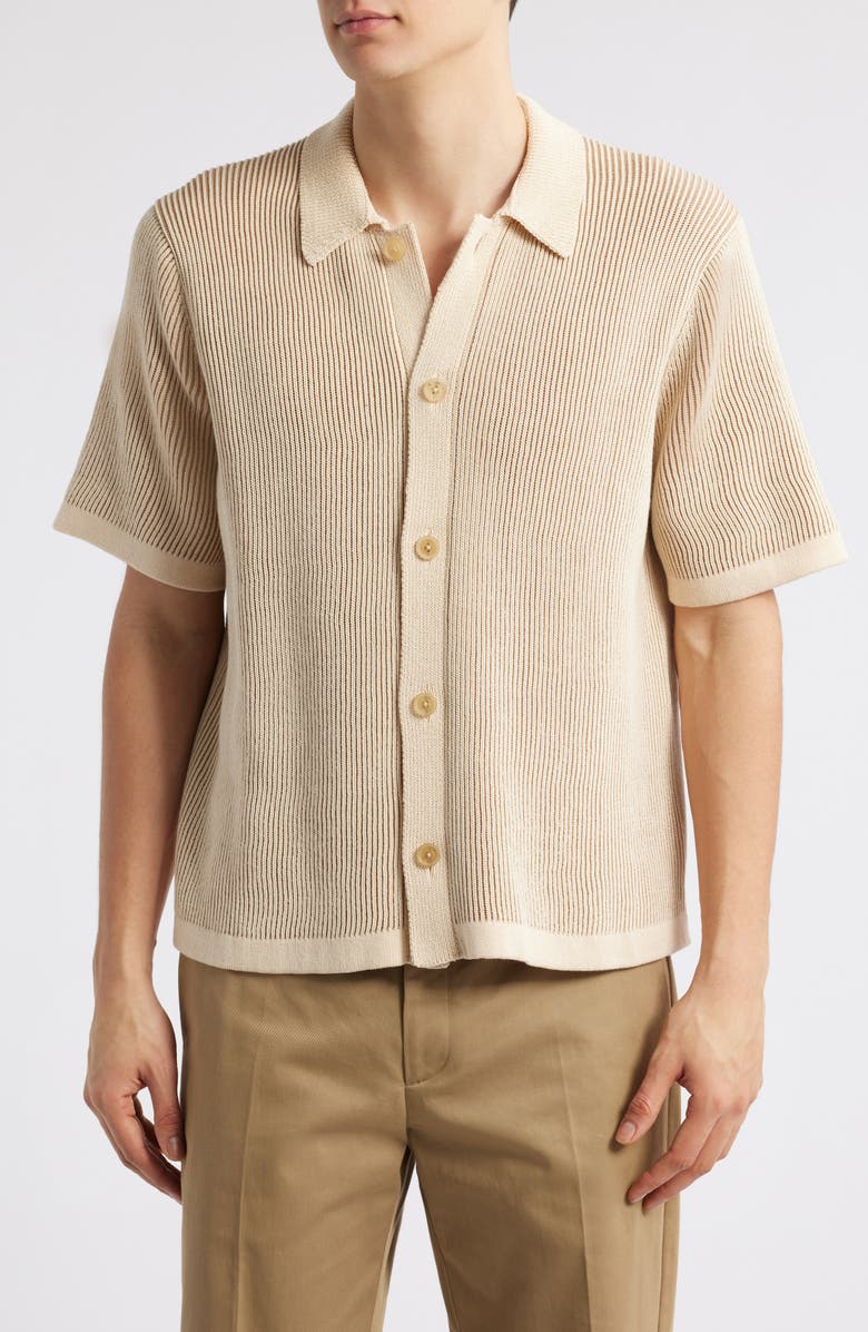 Corridor Plated Short Sleeve Cotton Cardigan, Main, color, Natural