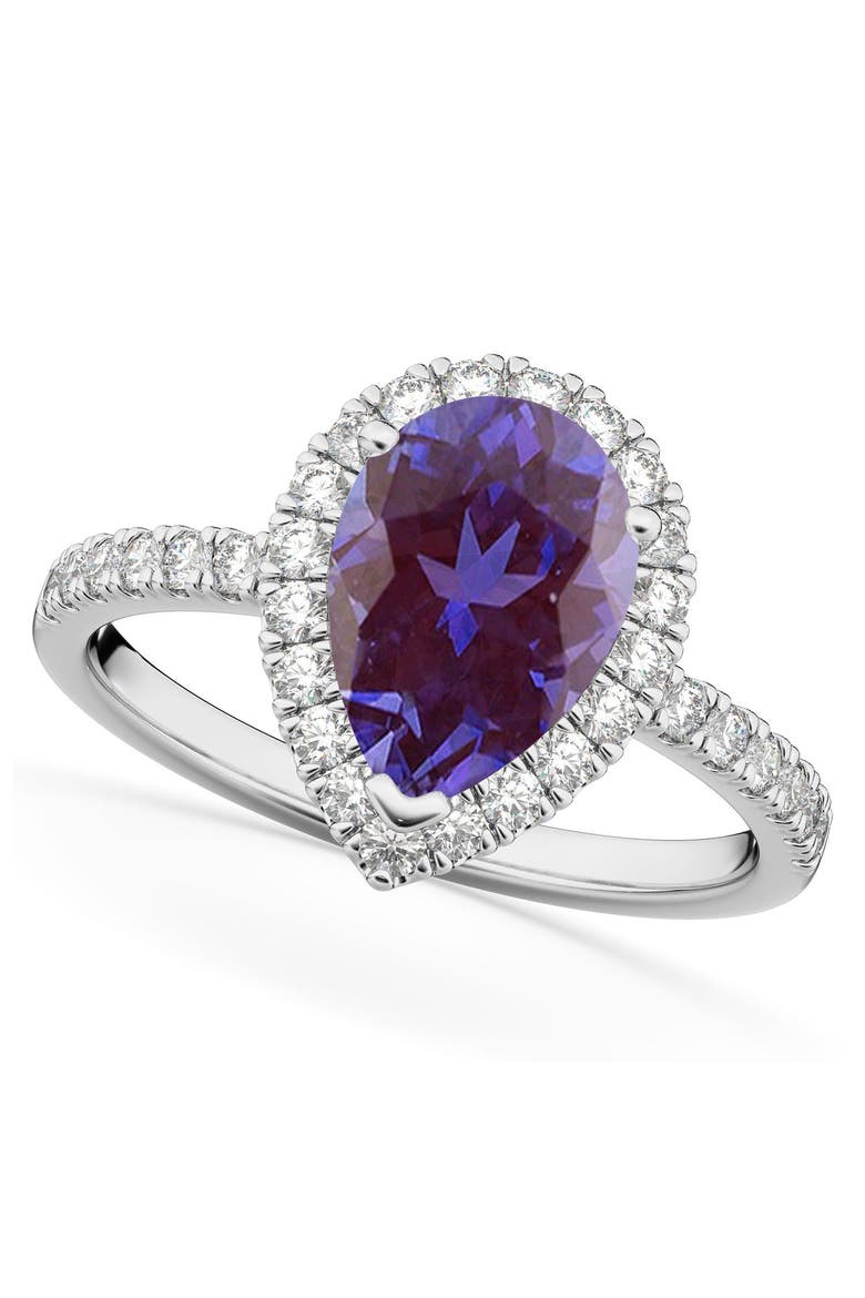 Pear Cut Halo Lab Alexandrite & Diamond Engagement Ring 14K, Main, color, 2.21ct/White Gold