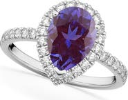 ALLUREZ Pear Cut Halo Lab Alexandrite & Diamond Engagement Ring 14K