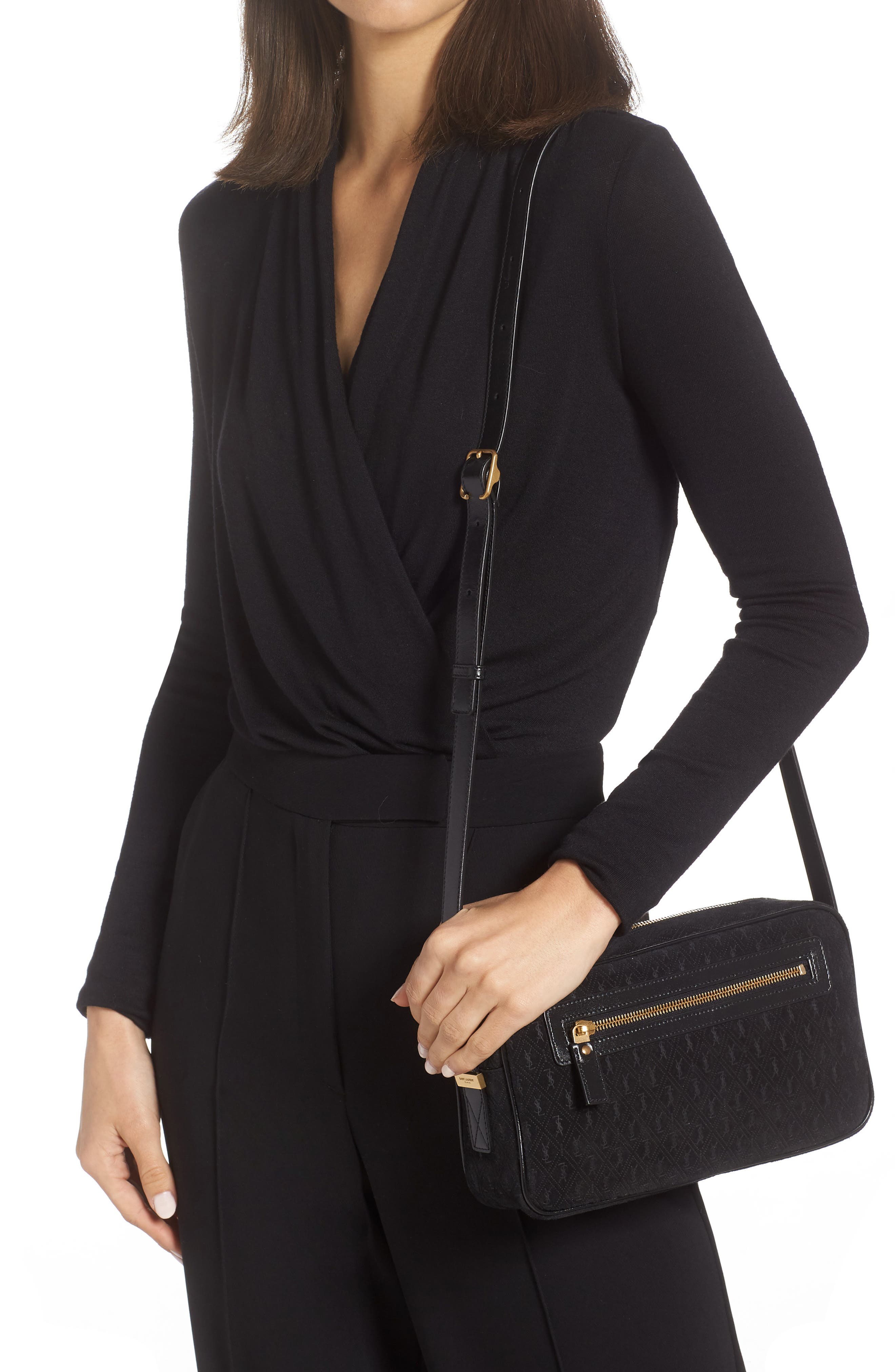 Saint Laurent Monogram Debossed Suede Camera Crossbody Bag, Alternate, color, 
