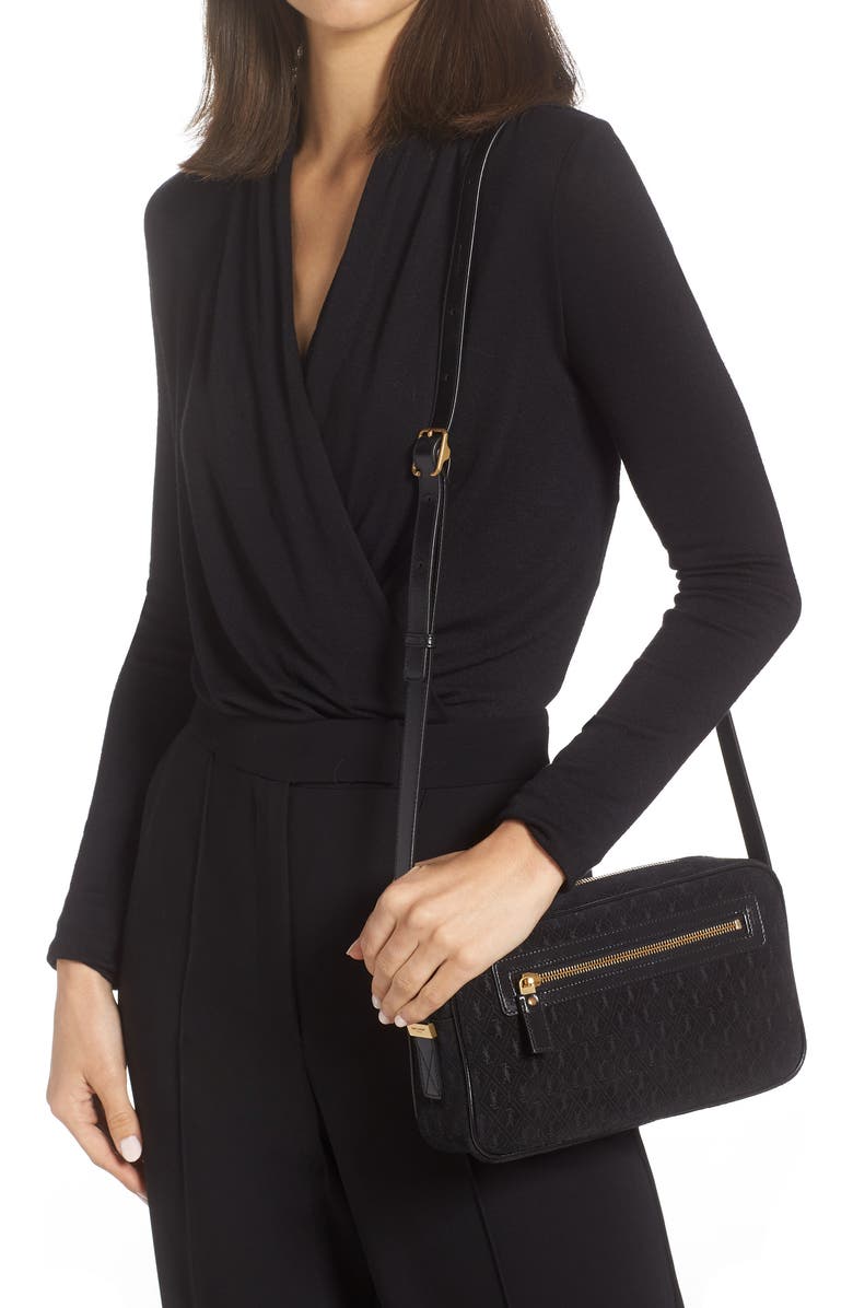 Saint Laurent Monogram Debossed Suede Camera Crossbody Bag, Alternate, color,