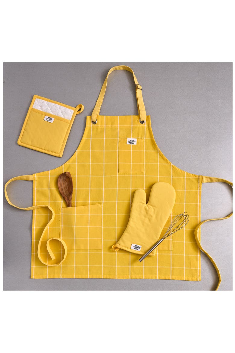 Windowpane Print Cotton Apron, Alternate, color, YELLOW