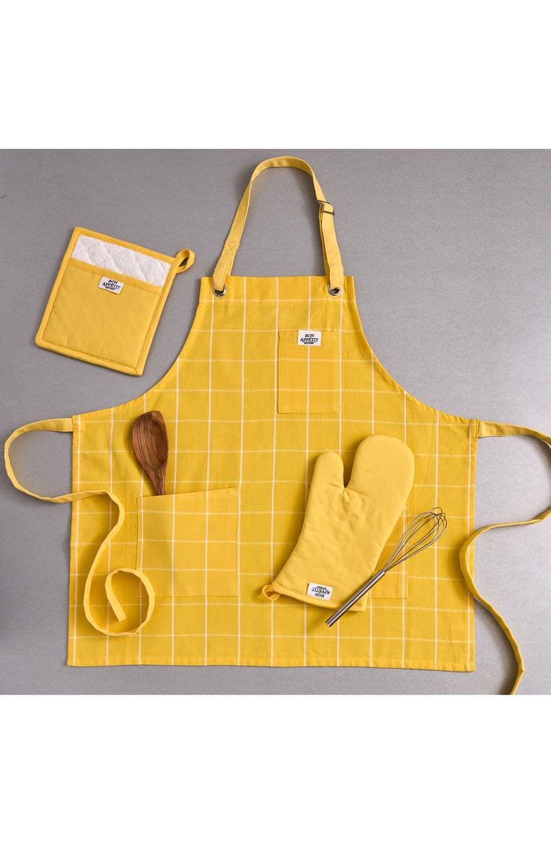 Design Imports Windowpane Print Cotton Apron, Alternate, color, Yellow