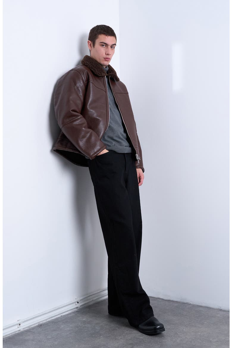 Faux Shearling & Faux Leather Bomber Jacket, Alternate, color, BROWN
