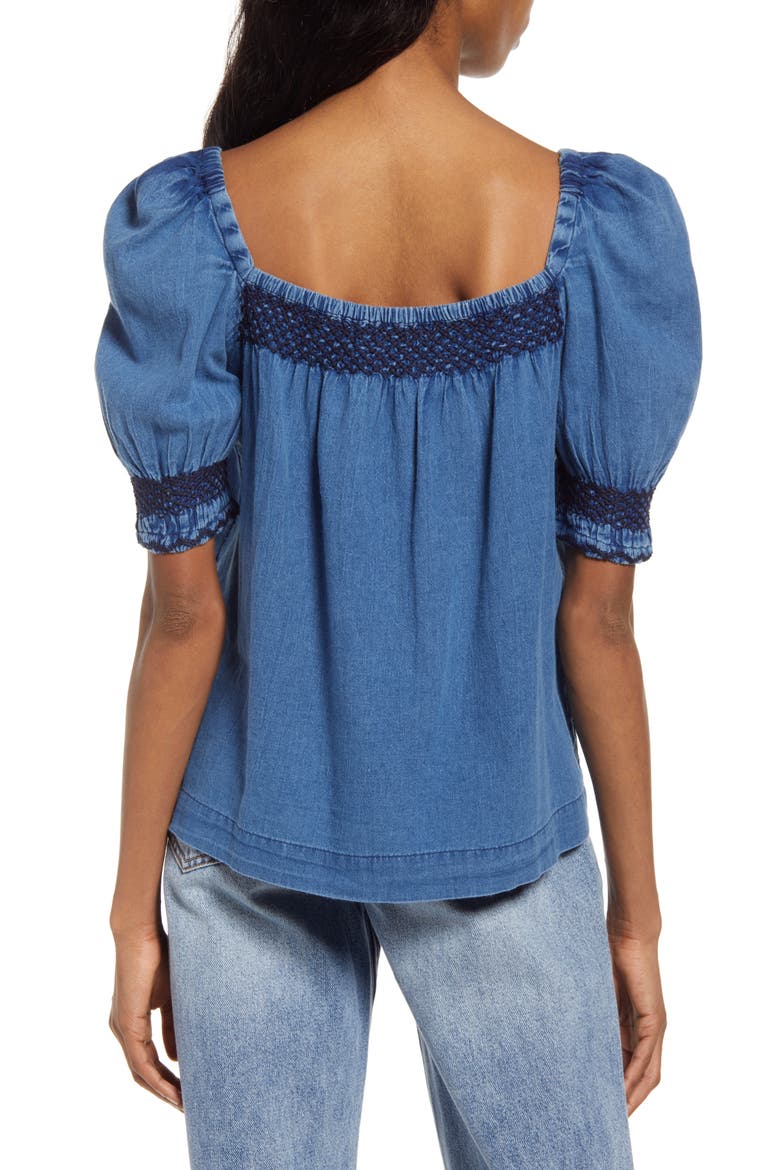 Presley Embroidered Detail Cotton Chambray Top, Alternate, color, DARK INDIGO WASH