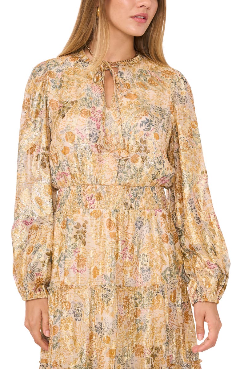1.STATE Metallic Floral Tiered Long Sleeve Maxi Dress, Alternate, color, 