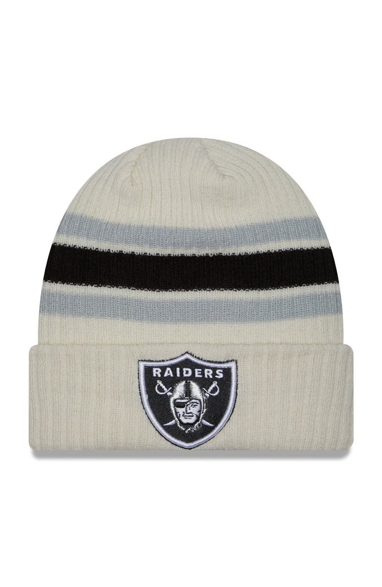 New Era Men's New Era Cream Las Vegas Raiders Team Stripe Cuffed Knit Hat, Main, color, 