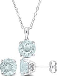 DELMAR Aquamarine Stud Earrings & Pendant Necklace Set