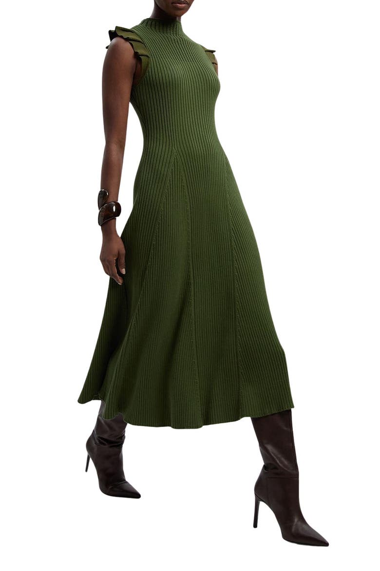 Pointelle Frill Sleeve Knit Midi Dress, Alternate, color, Olive