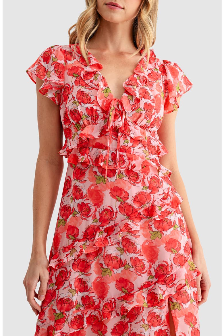 Flutter Sleeve Ruffle Midi Dress, Alternate, color, RED FLORAL
