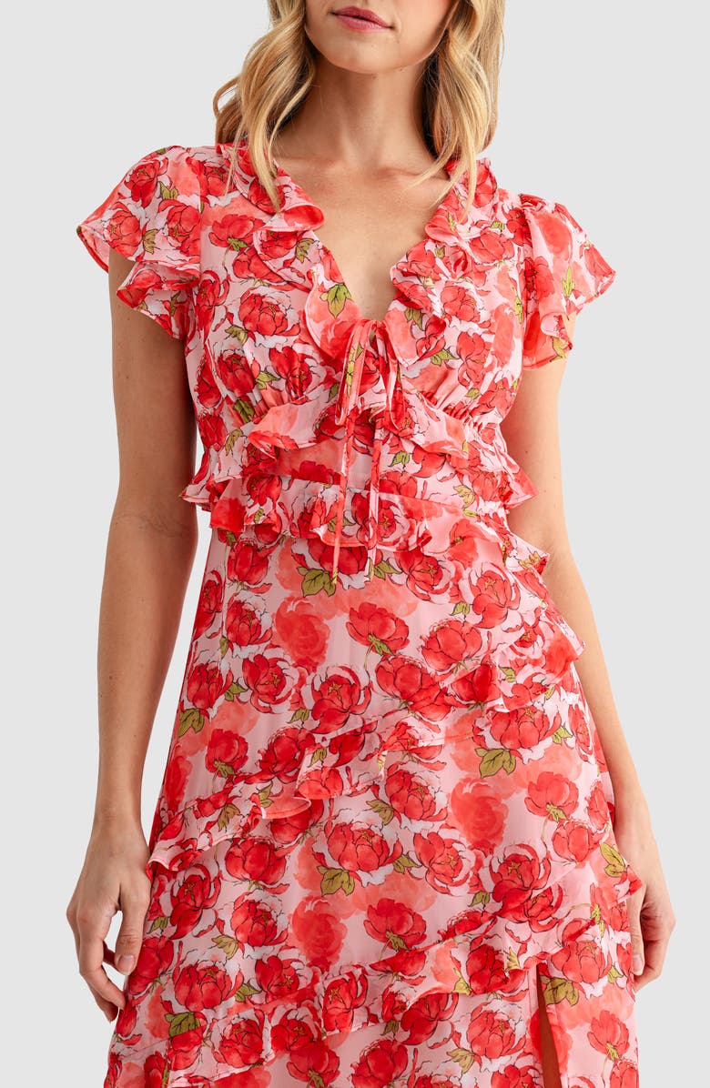 Lush Flutter Sleeve Ruffle Midi Dress, Alternate, color, Red Floral