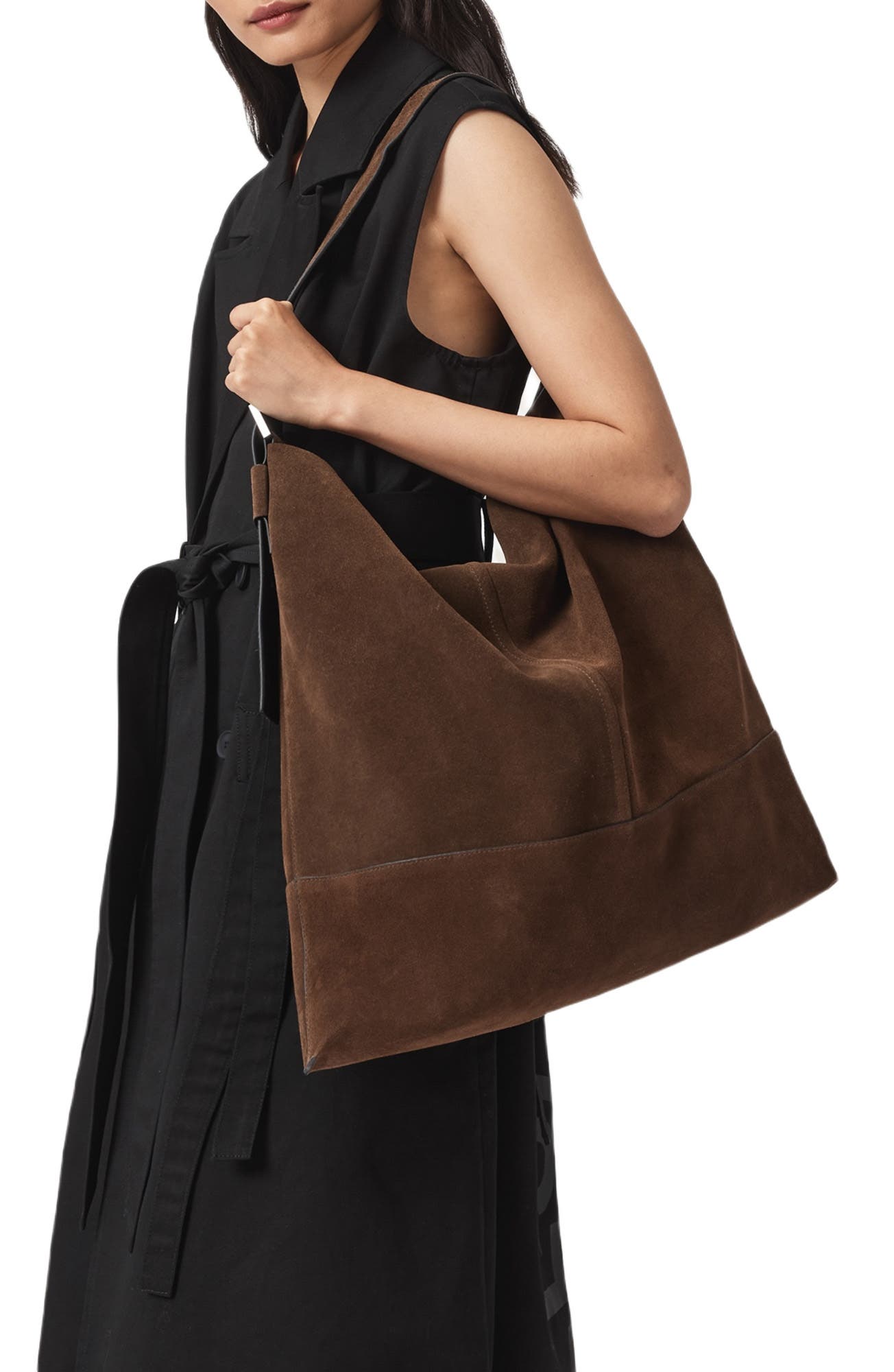 AllSaints Asha Suede Shoulder Bag, Alternate, color, Fango Brown