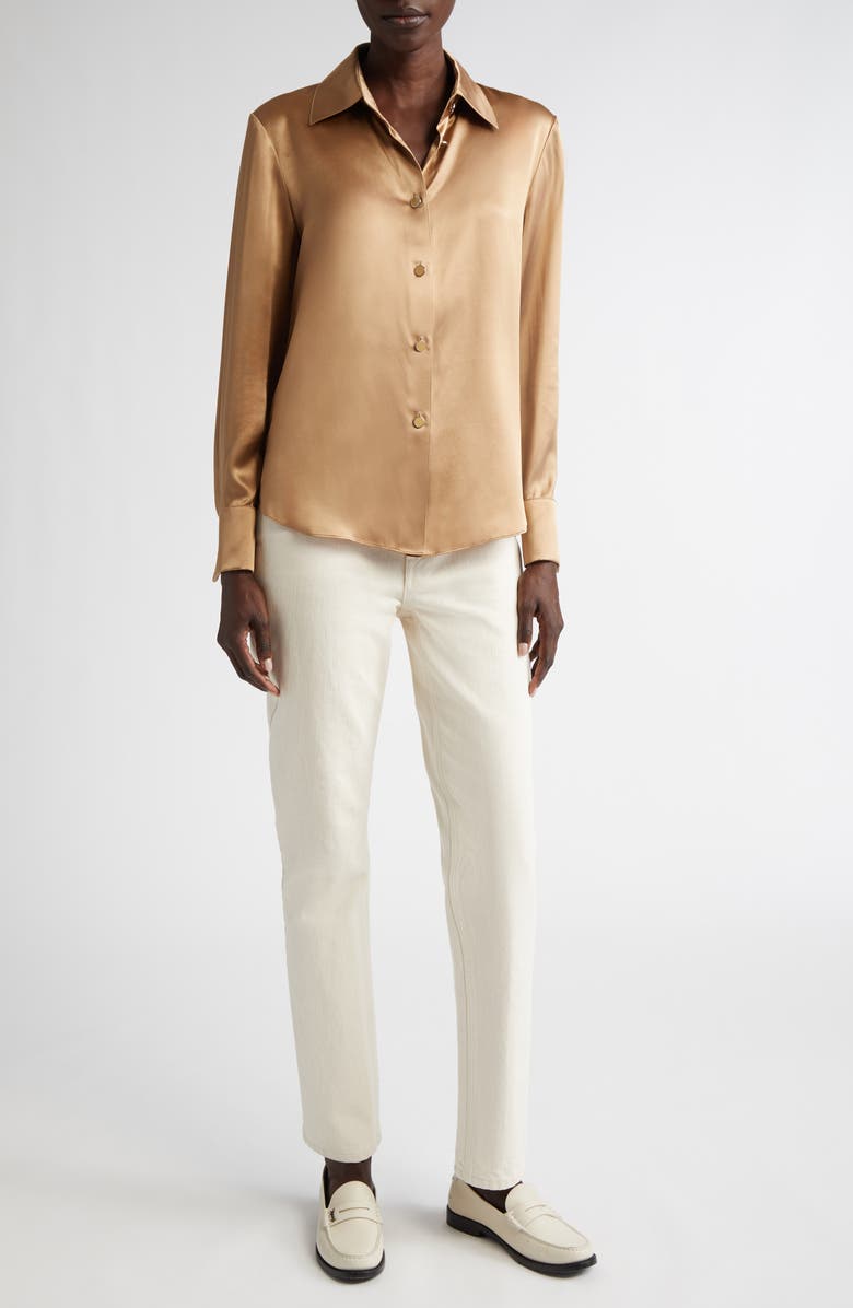Lafayette 148 New York Silk Charmeuse Button-Up Shirt, Alternate, color, Camel