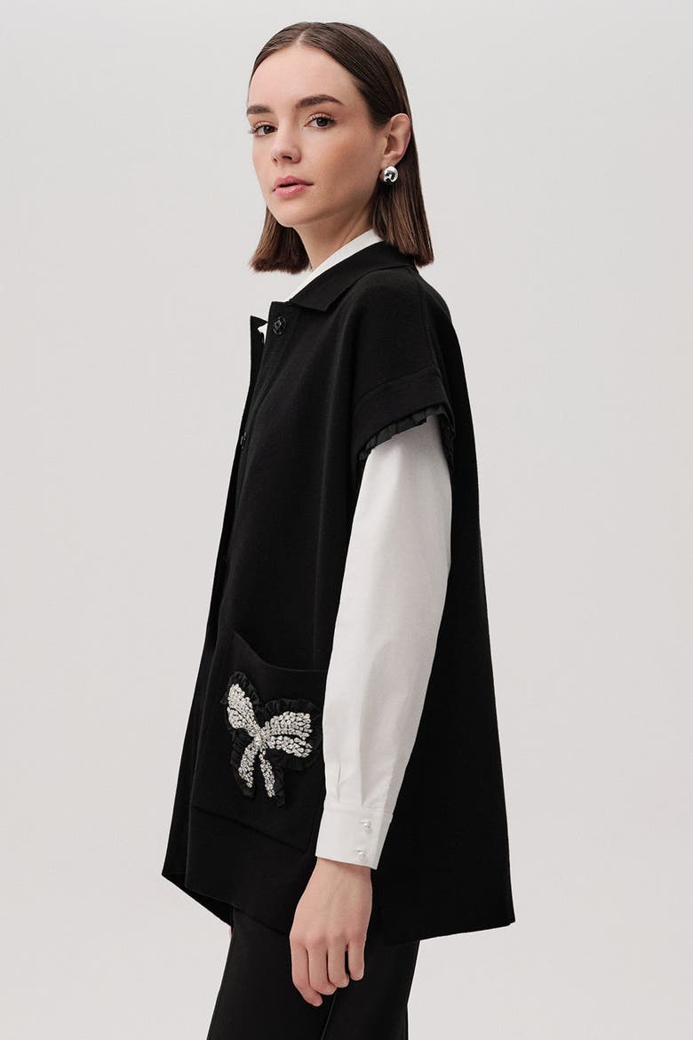 Stone Pocket Detail Collar Knit Vest, Alternate, color, BLACK