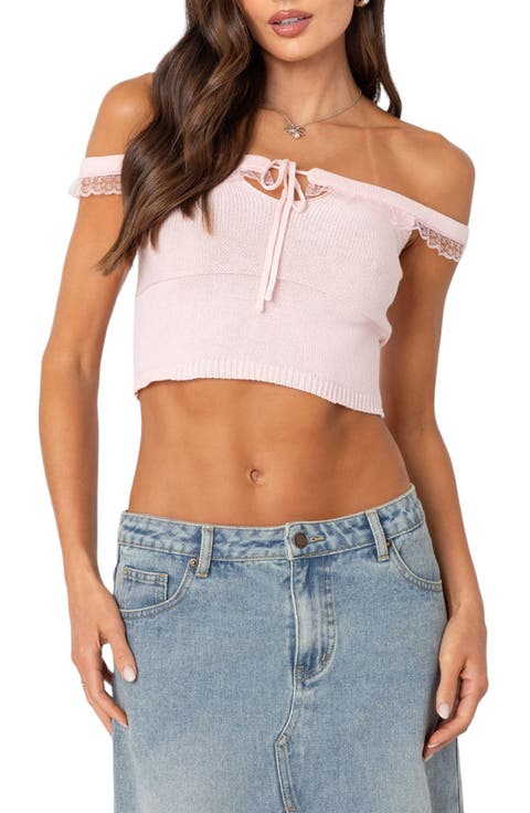 Lace Trim Off the Shoulder Knit Cotton Crop Top