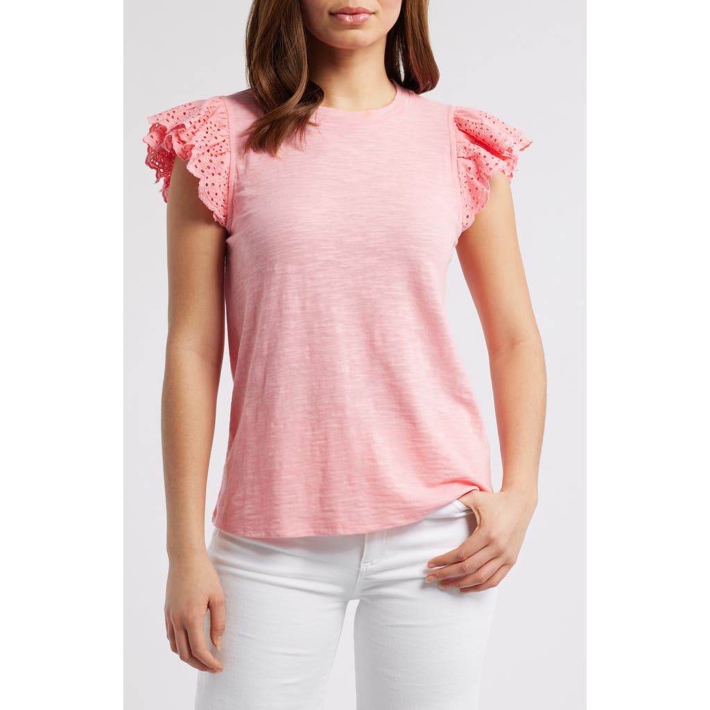 Shop Caslonr Caslon(r) Mixed Media Eyelet Sleeve T-shirt In Pink Geranium