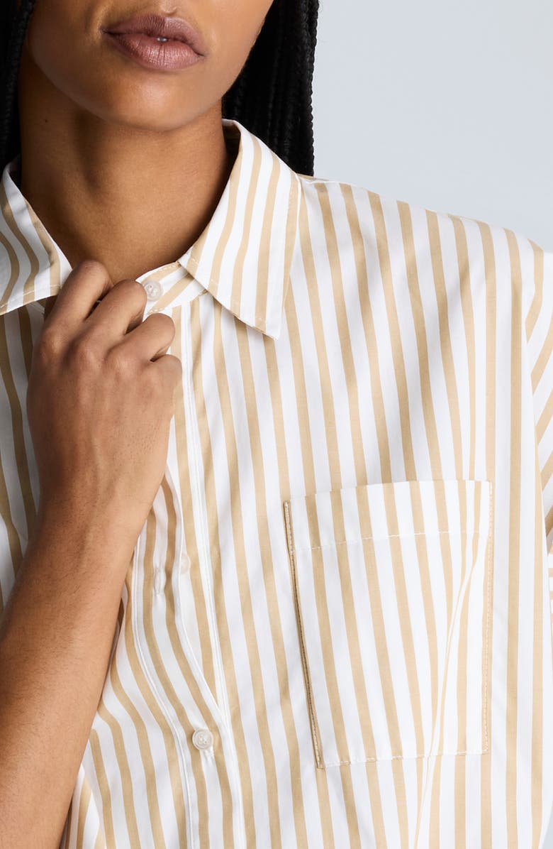 Kenneth Cole Oversize Stripe Cap Sleeve Cotton Button-Down Shirt, Alternate, color, Pure White/ Chai