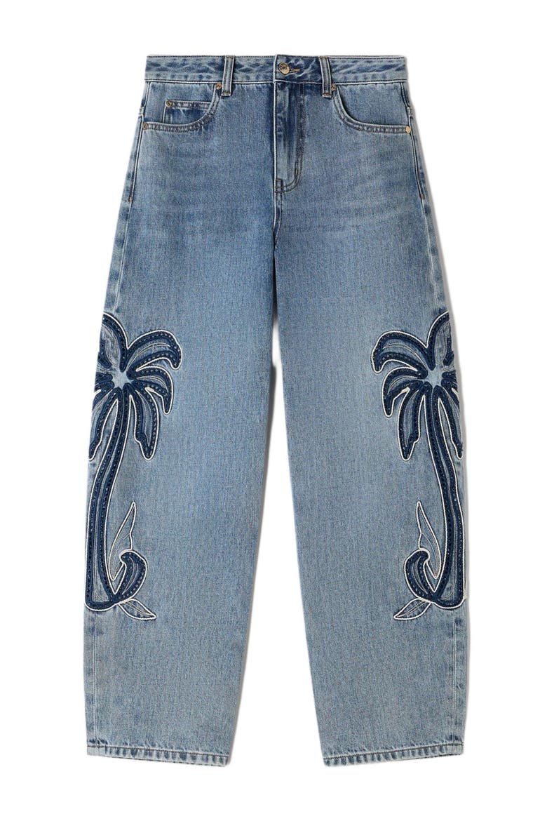 Palm-embroidered wide barrel jeans, Alternate, color, Blue jean