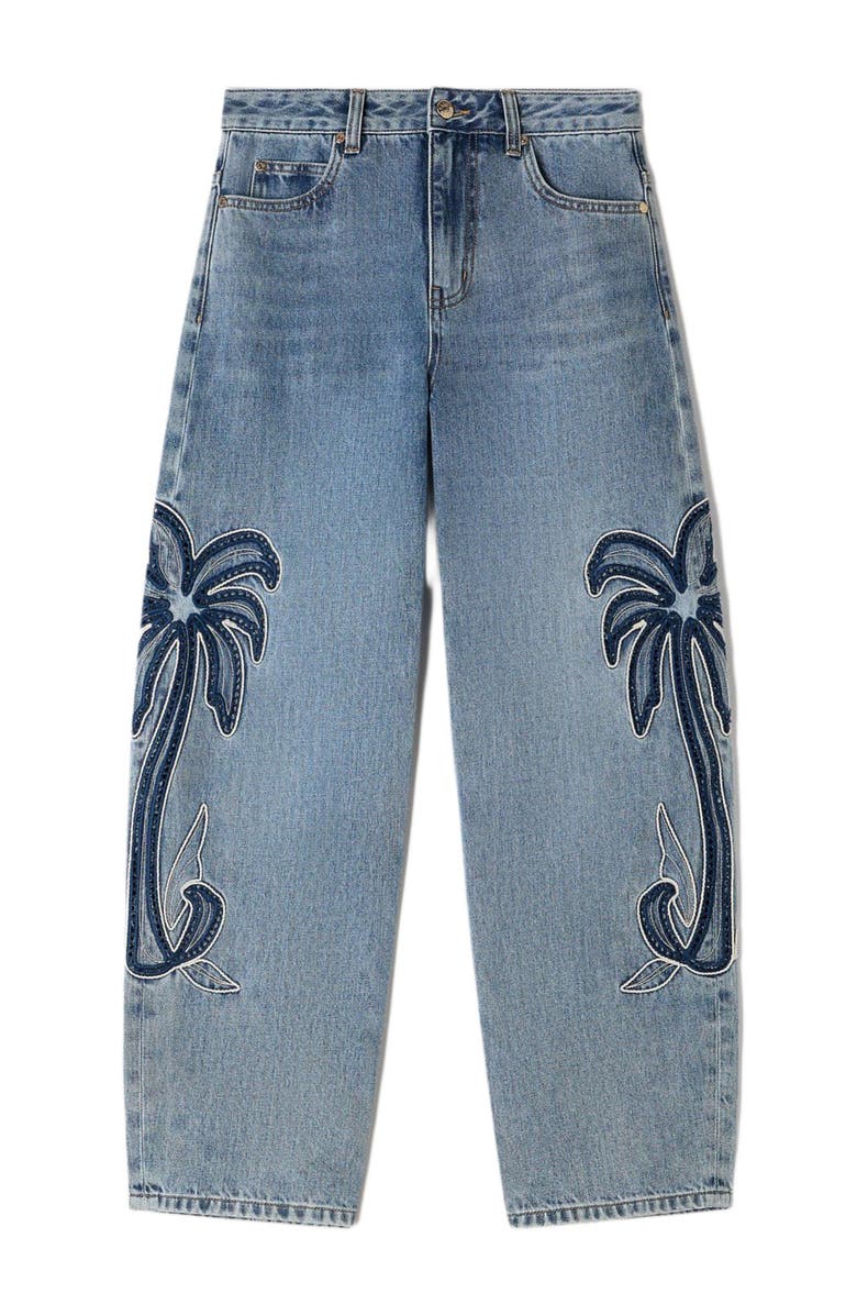 SANDRO Palm-embroidered wide barrel jeans, Alternate, color, Blue Jean