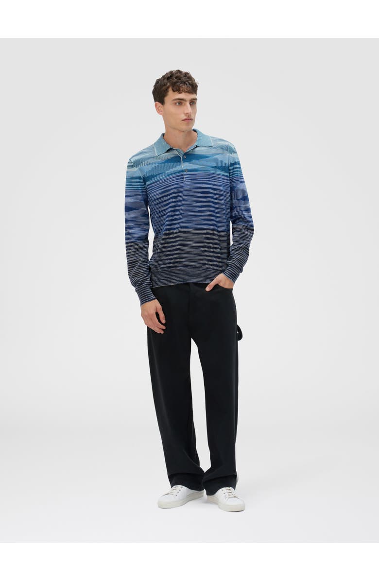 Missoni Long Sleeve Polo In Pure Wool With Flame Pattern, Alternate, color, Blue