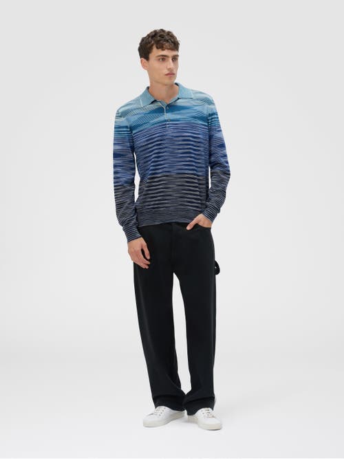 Missoni Long Sleeve Polo In Pure Wool With Flame Pattern In Blue