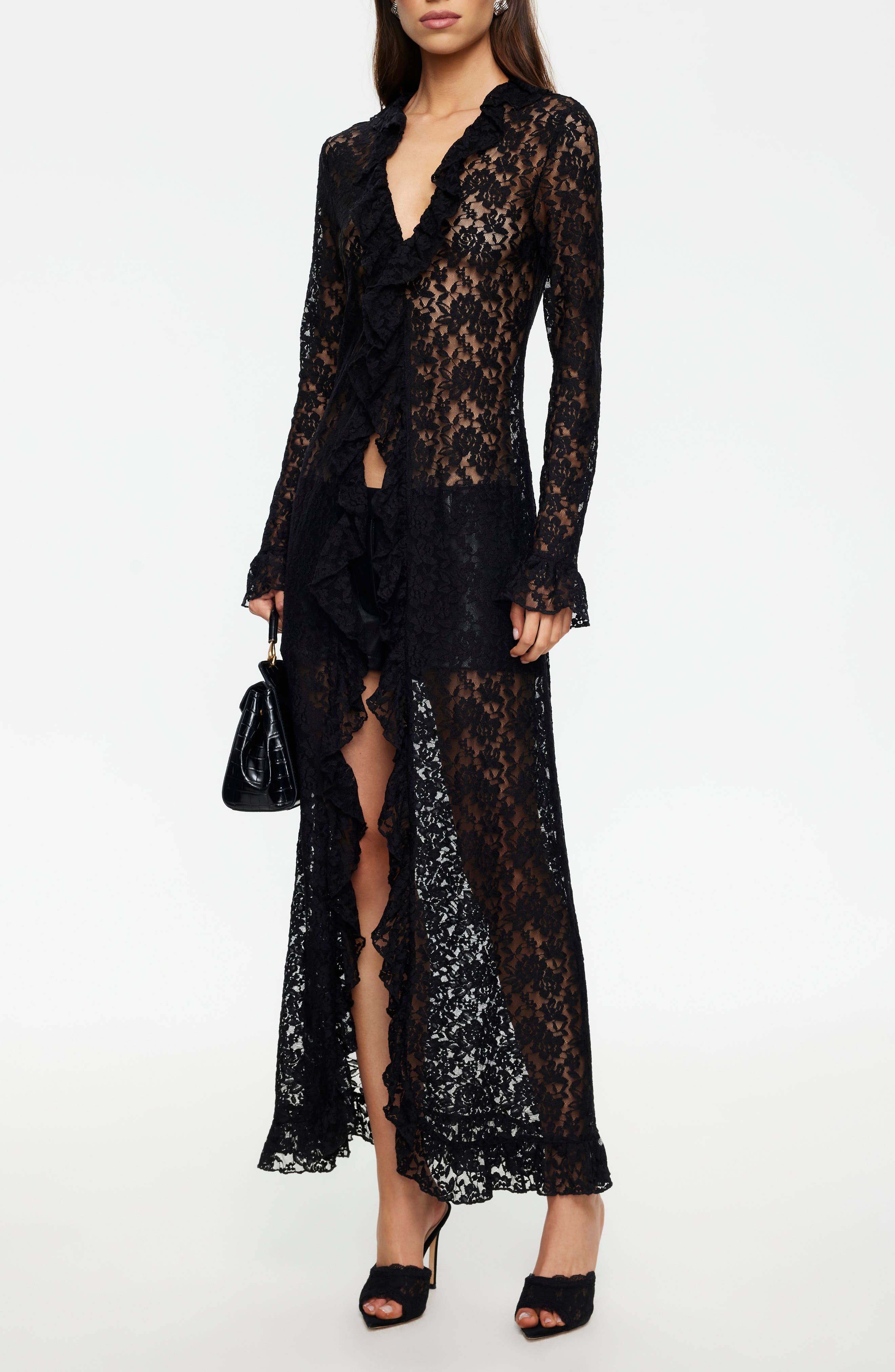 black lace long sleeve maxi dress Bragging Rights Black Lace Long Sleeve Column Maxi Dress