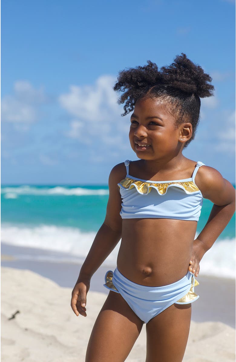 NESSI BYRD Ruffled with Shimmering Bronz Foil Accents Two-Piece Bikini, Alternate, color, Blue
