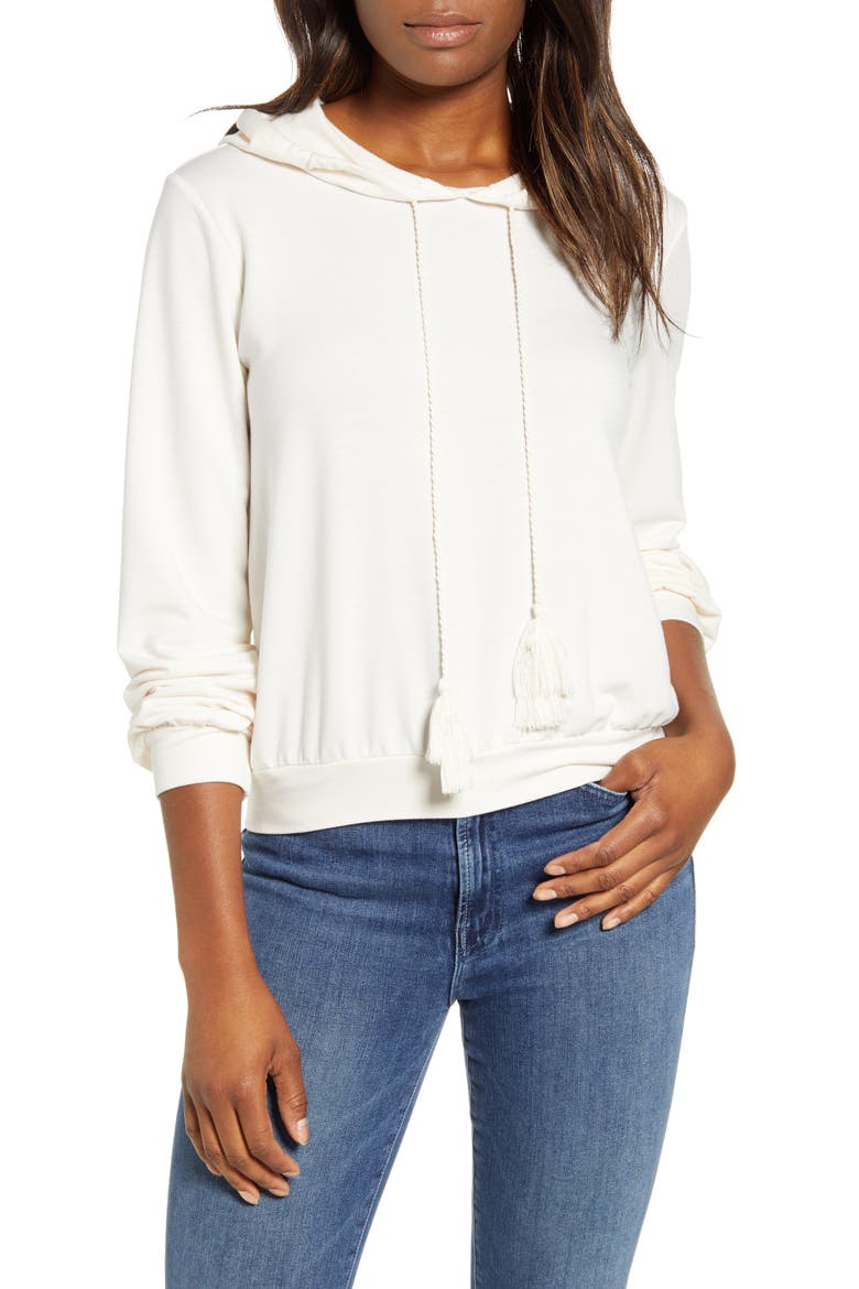 Tassel Tie Pullover Hoodie, Main, color, IVORY