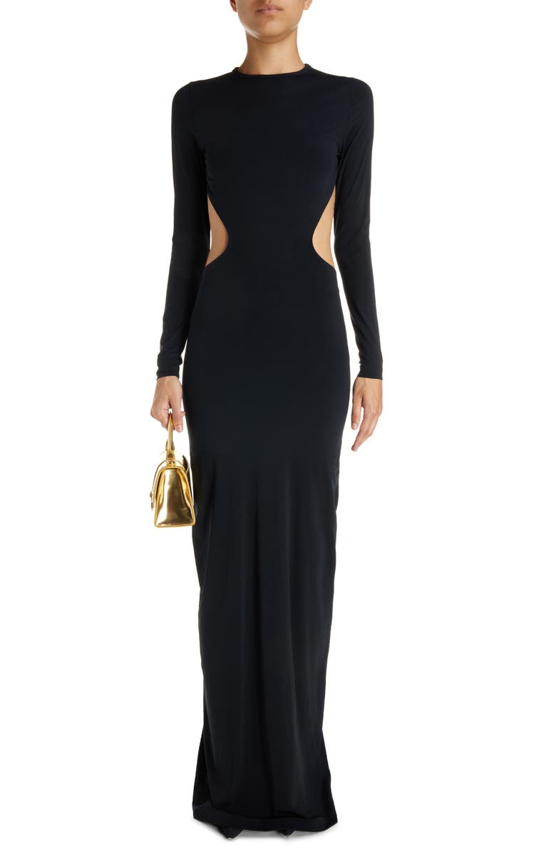 Balenciaga Cutout Long Sleeve Stretch Jersey Gown, Main, color, Black